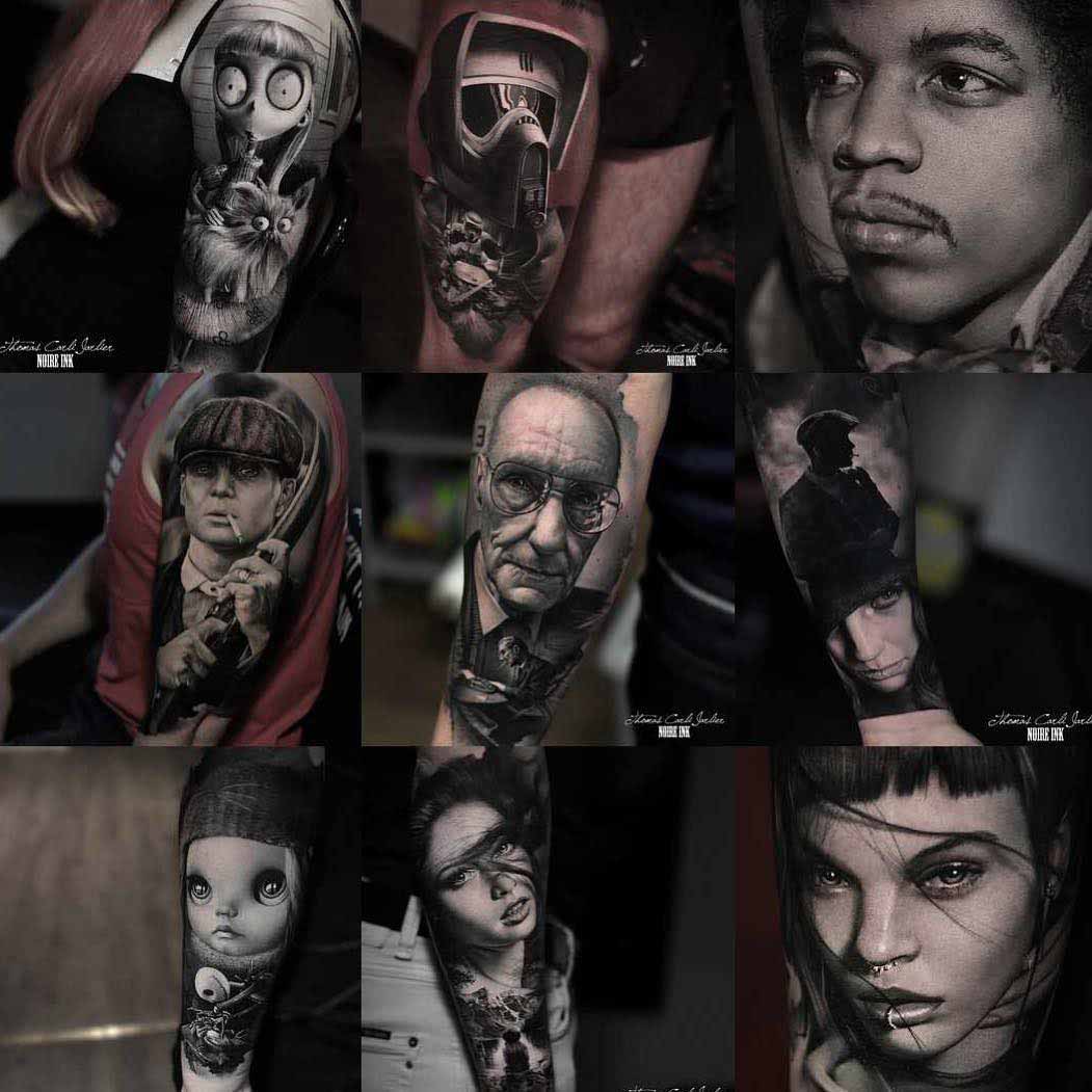 black and grey portrait tattoos