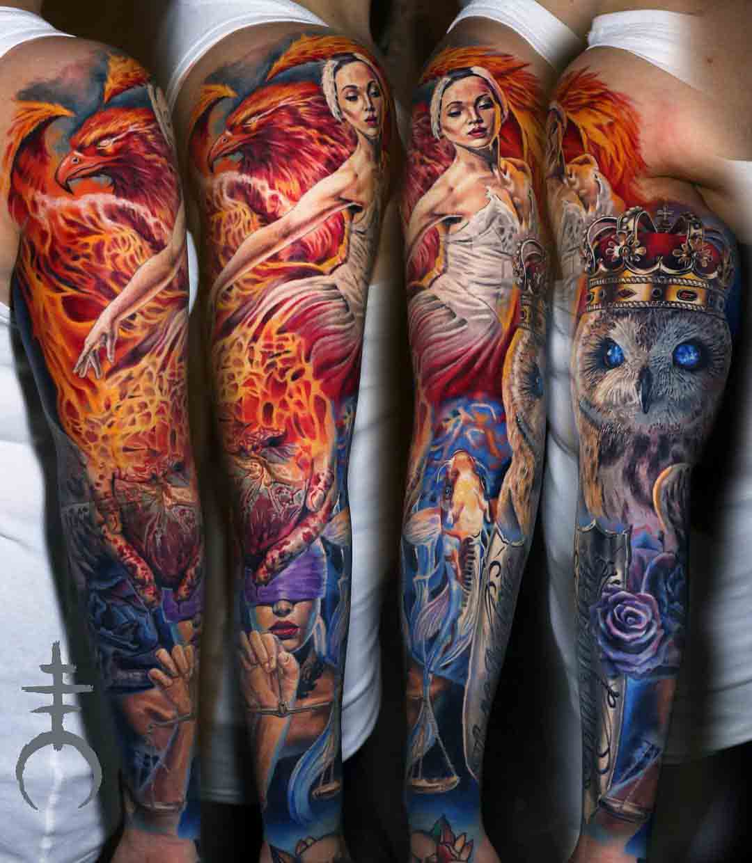 tattoo sleeve passion and cold owl girl phoenix