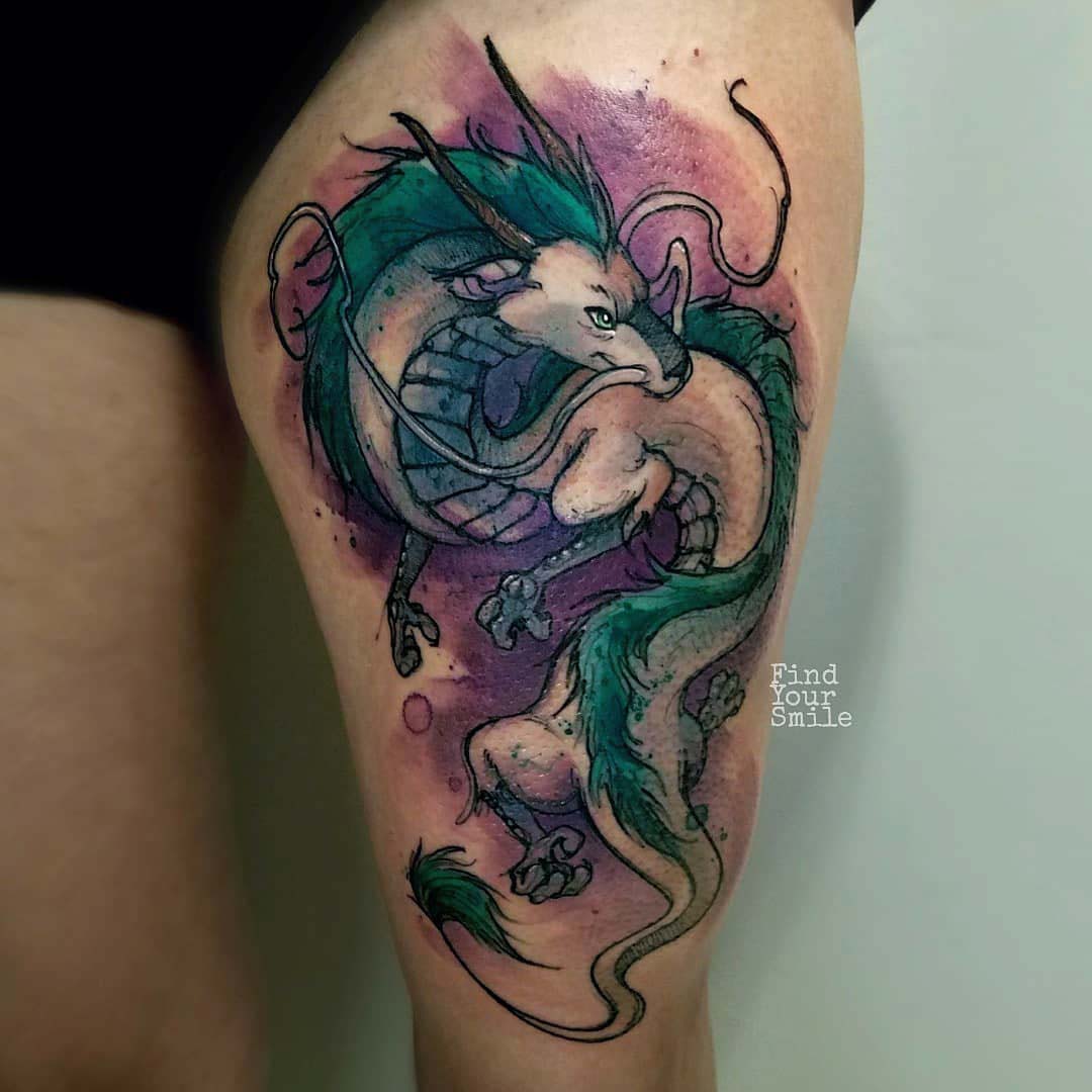 thigh tattoo dragon watercolor style