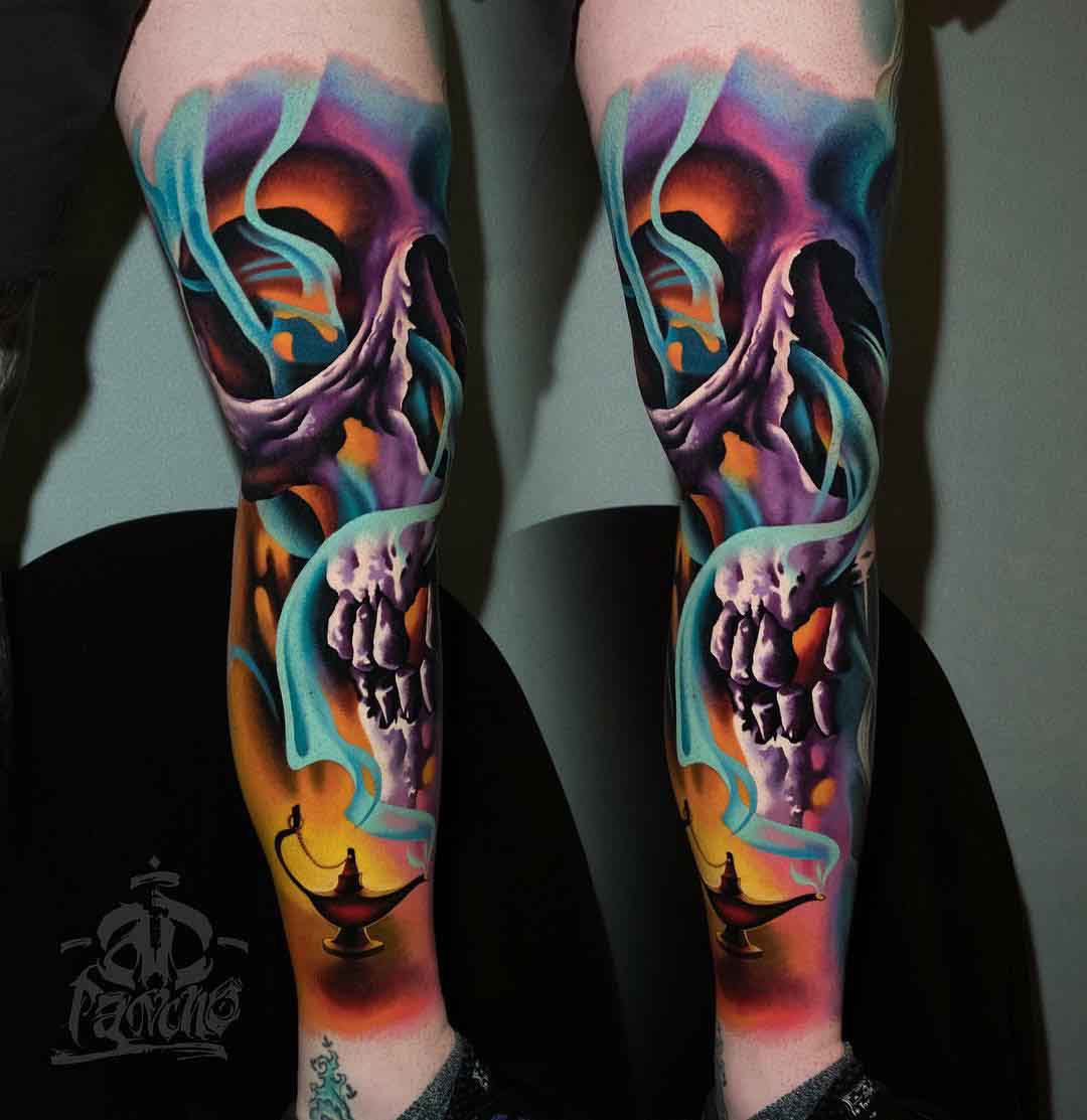leg tattoo jinn skull