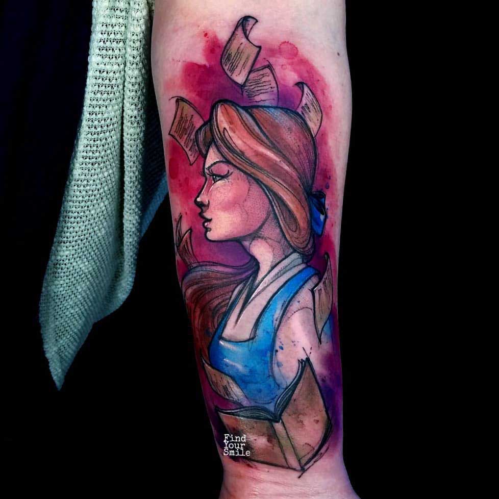 Beauty and the beast tattoo belle watercolor style