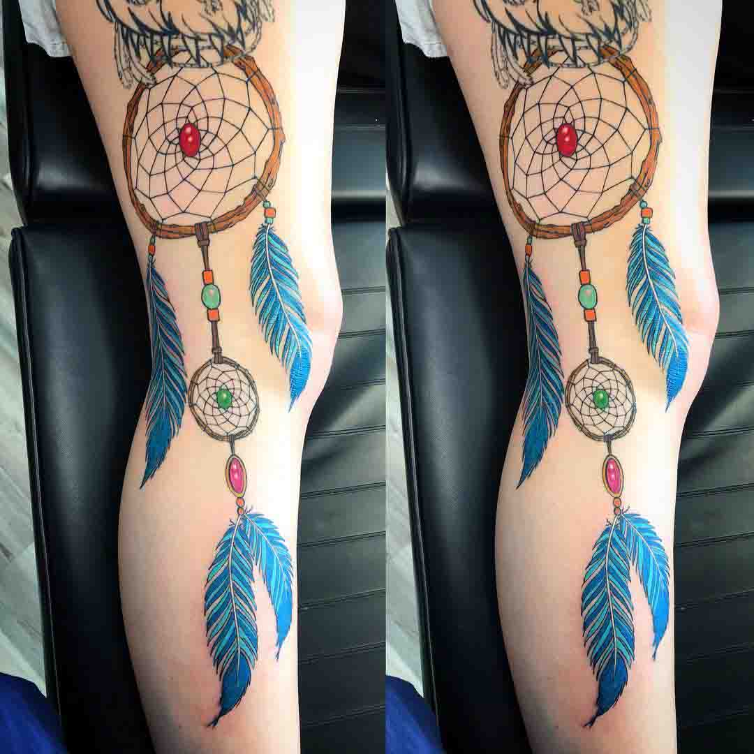 leg tattoo dream catcher with feathers