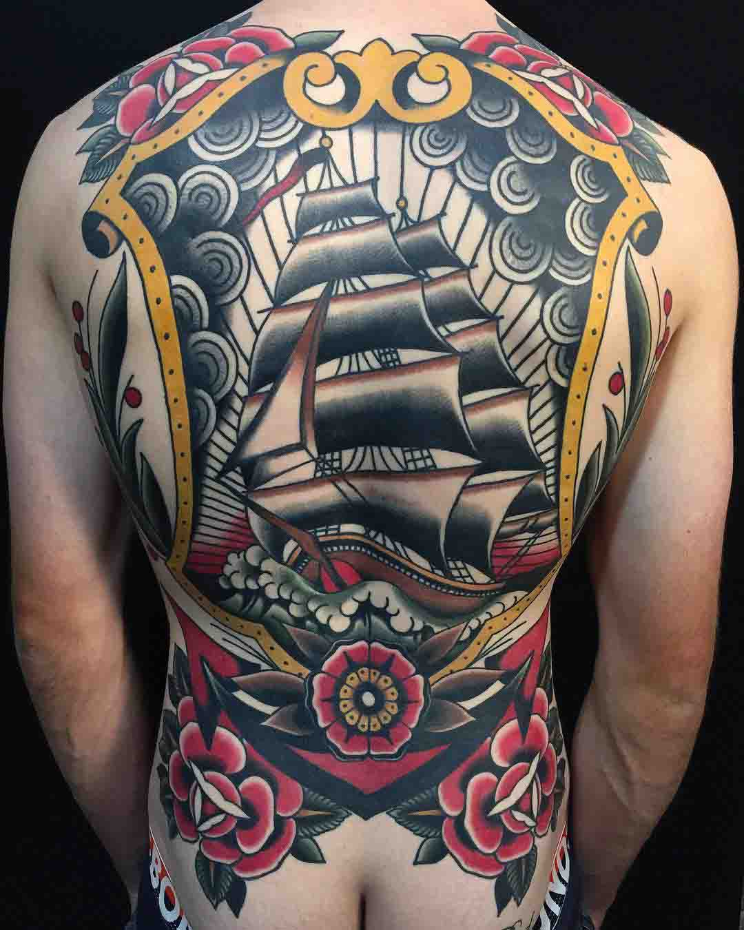 nautical tattoo on back sailing ship