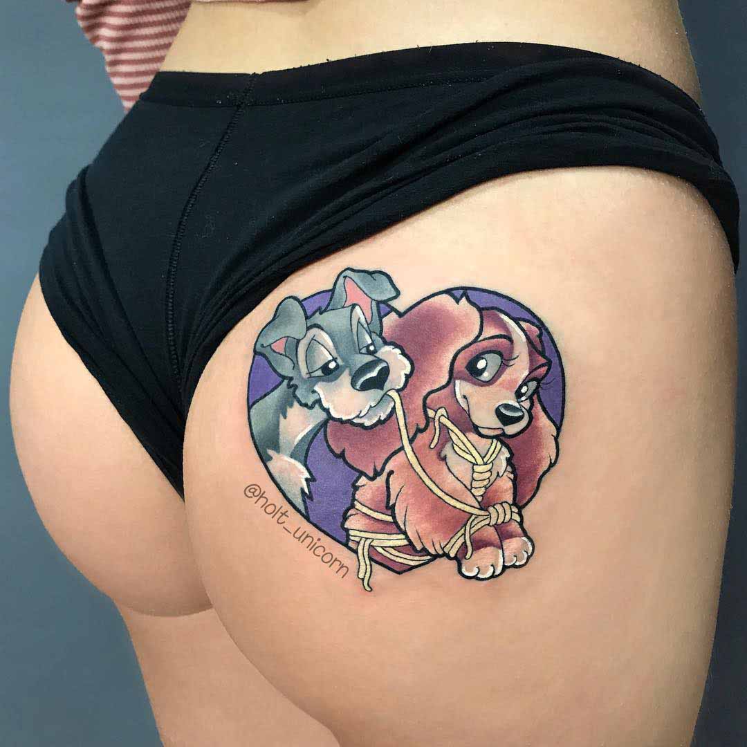 hip tattoo lady and the tramp dogs in heart