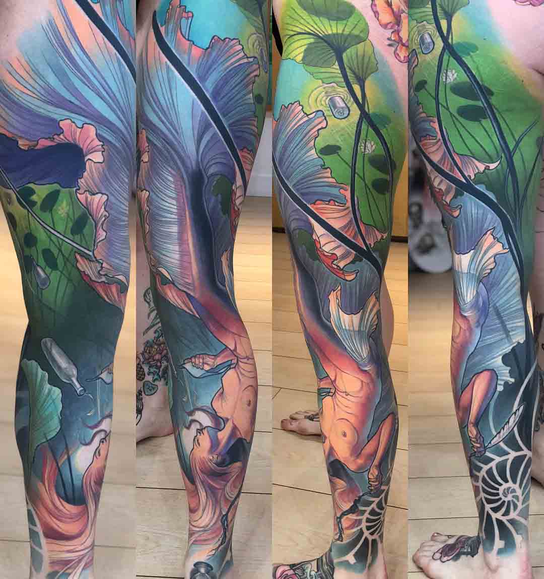 full leg tattoo sleeve mermaid