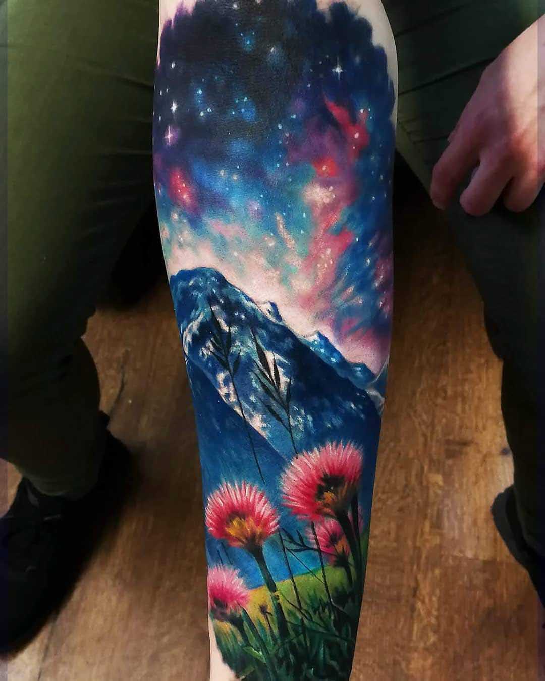 landscape tattoo mountains and starry sky universe