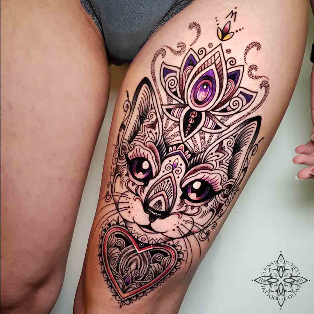 thigh tattoo cat ornamental