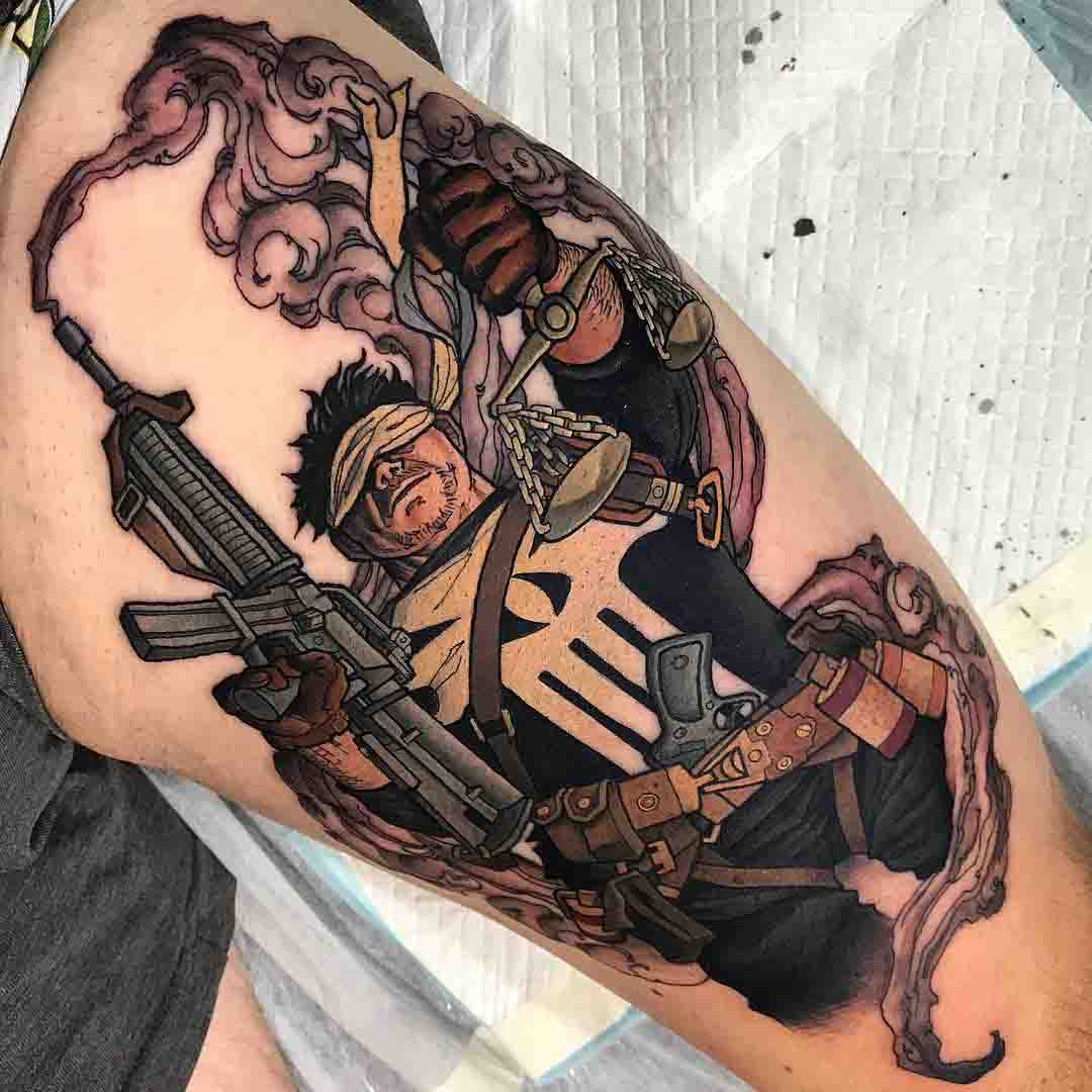 Punisher tattoo on thigh