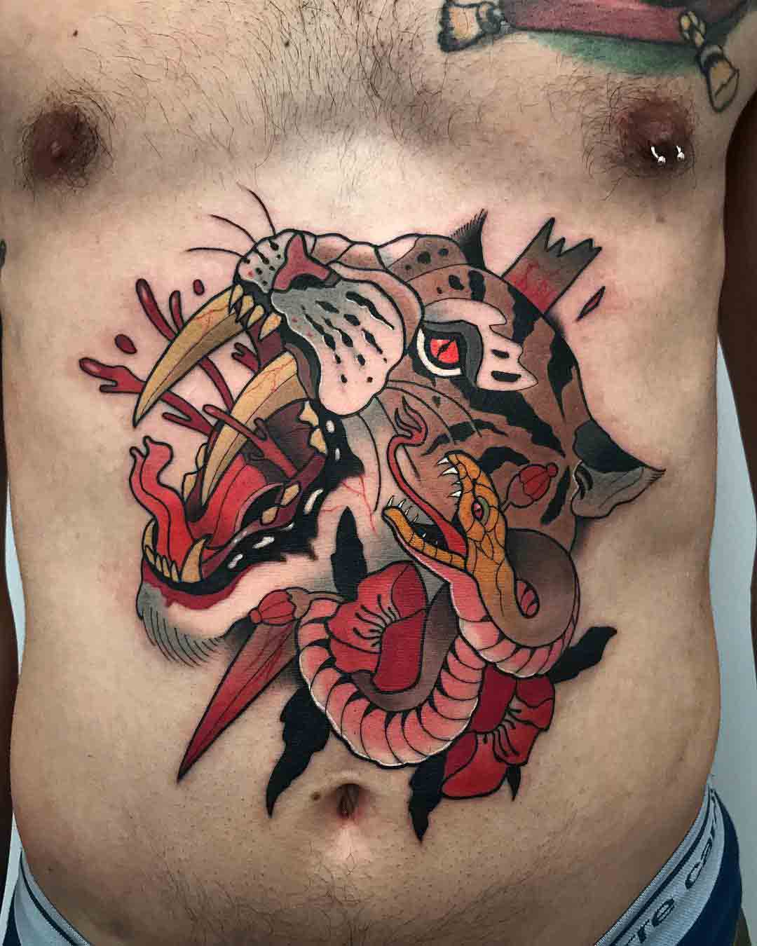 neo-traditional tattoo on stomach snake and tiger/caugar