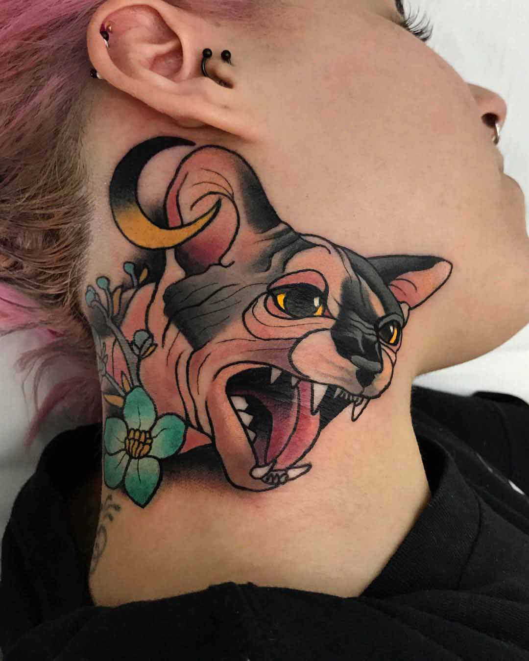 neck tattoo cat neo-traditional style
