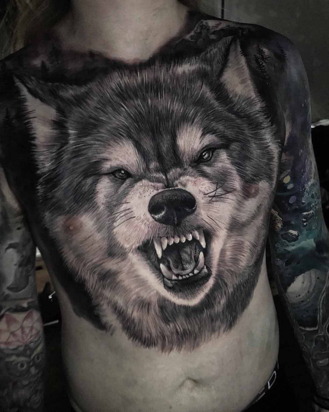 big wold tattoo on chest