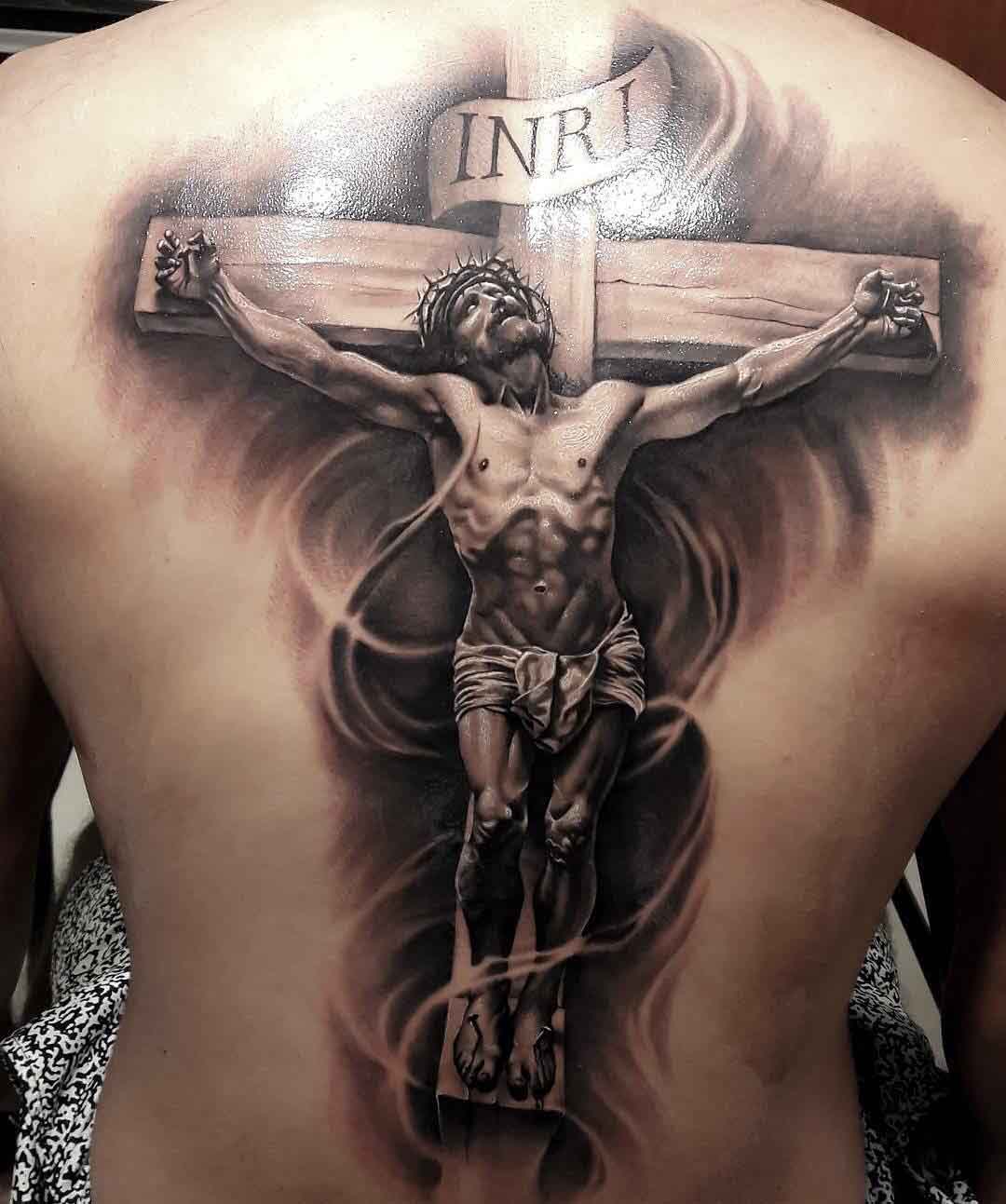 full back tattoo crucifix
